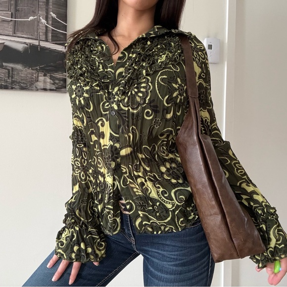 Vintage Boho Ruffle Button-Down Mesh Blouse - Picture 5 of 6